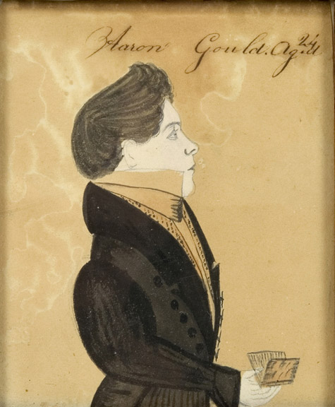 Amos Holbrook, Miniature Portrait of Aaron Gould, Aged 24, New Hampshire, Circa 1830
         Portrait of Aaron Gould, small half-length, in a black coat, holding a book Inscribed Aaron  
         Gould.Ag.d/24 [sic] along the upper edge, sans frame view